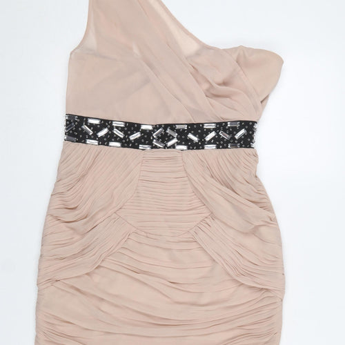 Lipsy Women’s Beige One Shoulder Ruched Bodycon Dress Size 8