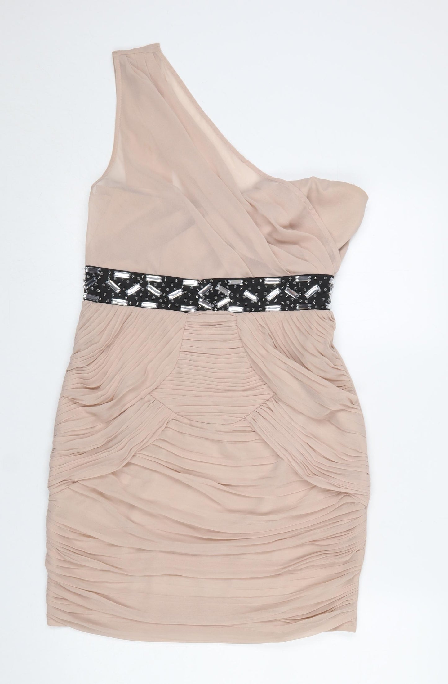 Lipsy Women’s Beige One Shoulder Ruched Bodycon Dress Size 8