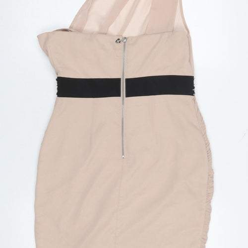 Lipsy Women’s Beige One Shoulder Ruched Bodycon Dress Size 8