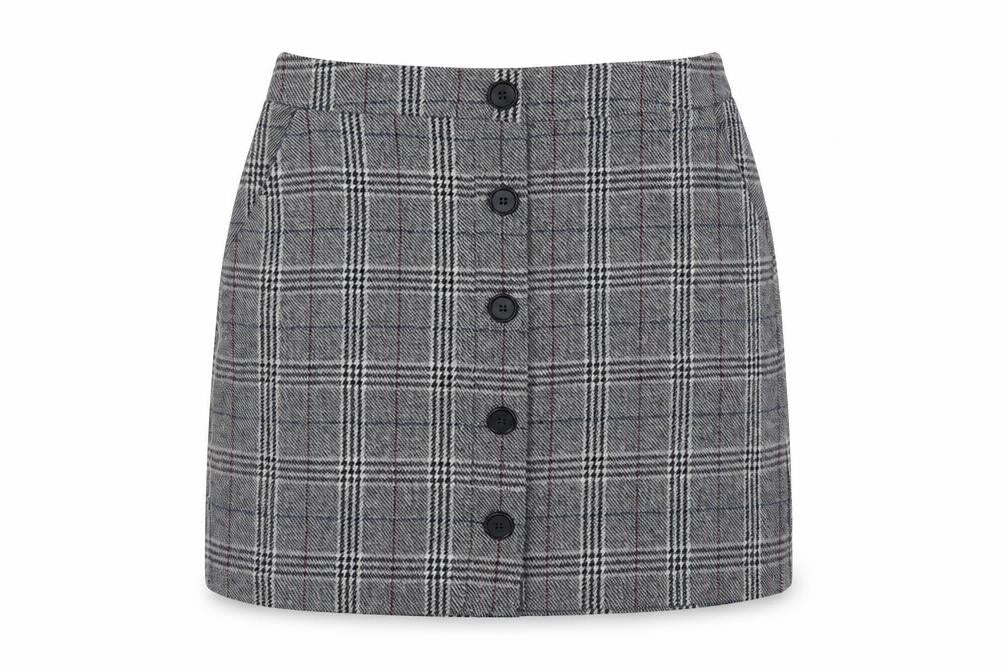 Front view of Marks & Spencer Women's Grey Check Button Front A-Line Skirt, size 12