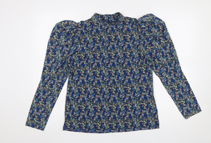Girl In Mind Women's Blue Floral High Neck Puff Sleeve Blouse Size 8