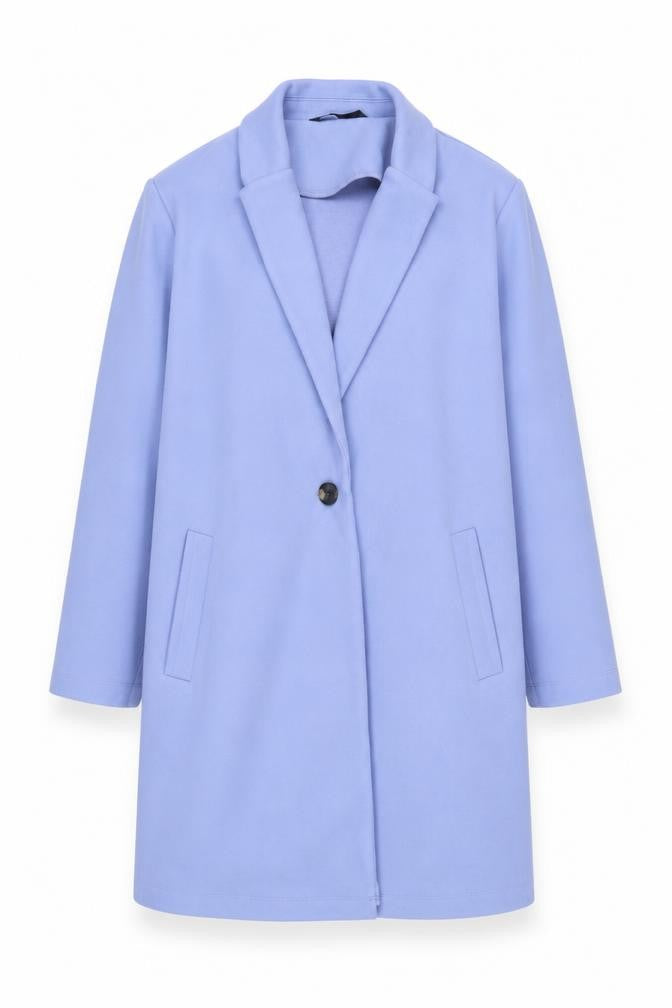 Front view of Dunnes Women Blue Mid-Length Overcoat, size L, Polyester Button Front