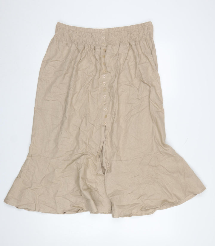 Gallery Women’s Beige Linen Midi Flared Button Skirt L