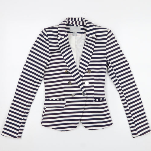 H&M Women Blue White Striped Double-Breasted Blazer Size 4