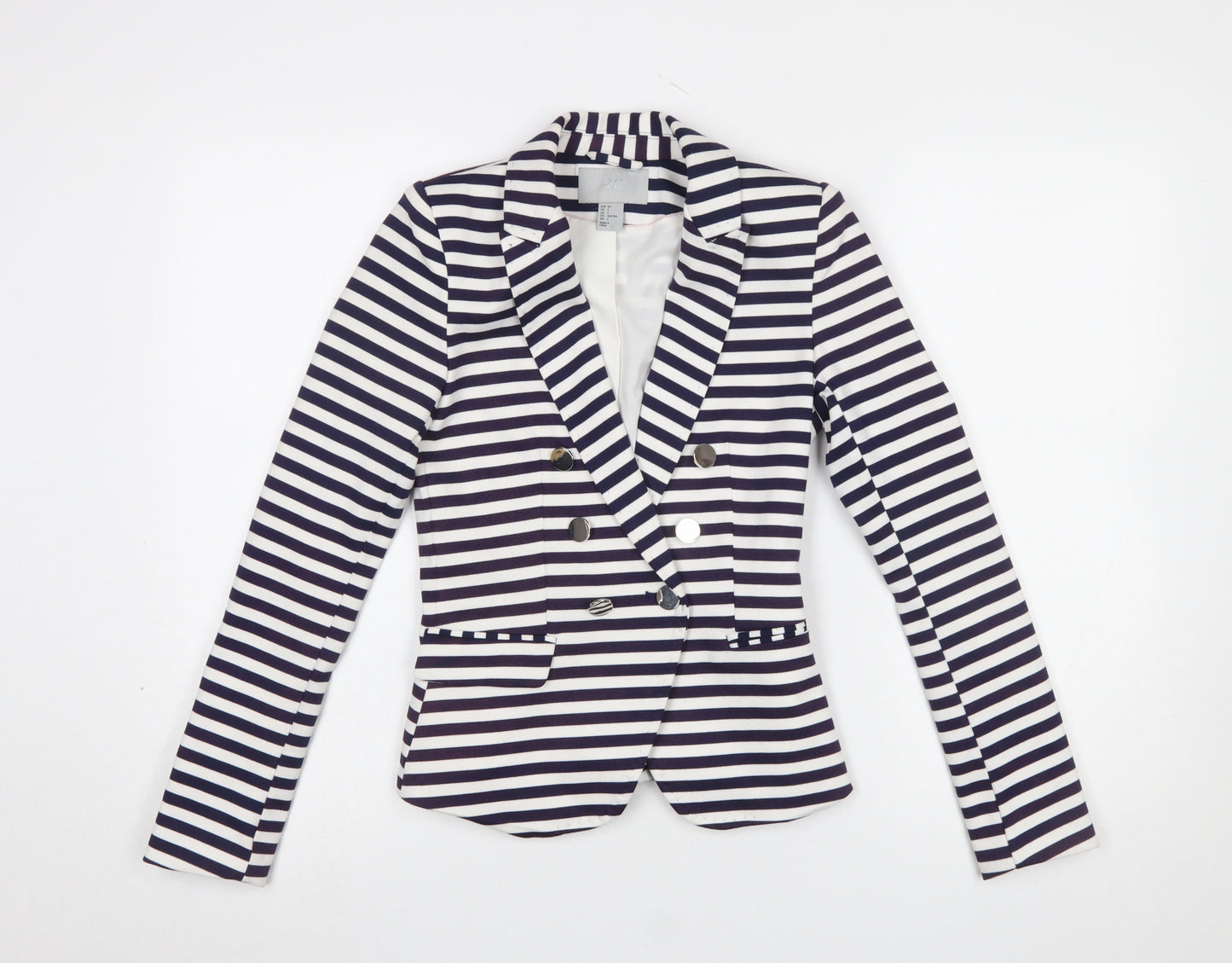 H&M Women Blue White Striped Double-Breasted Blazer Size 4