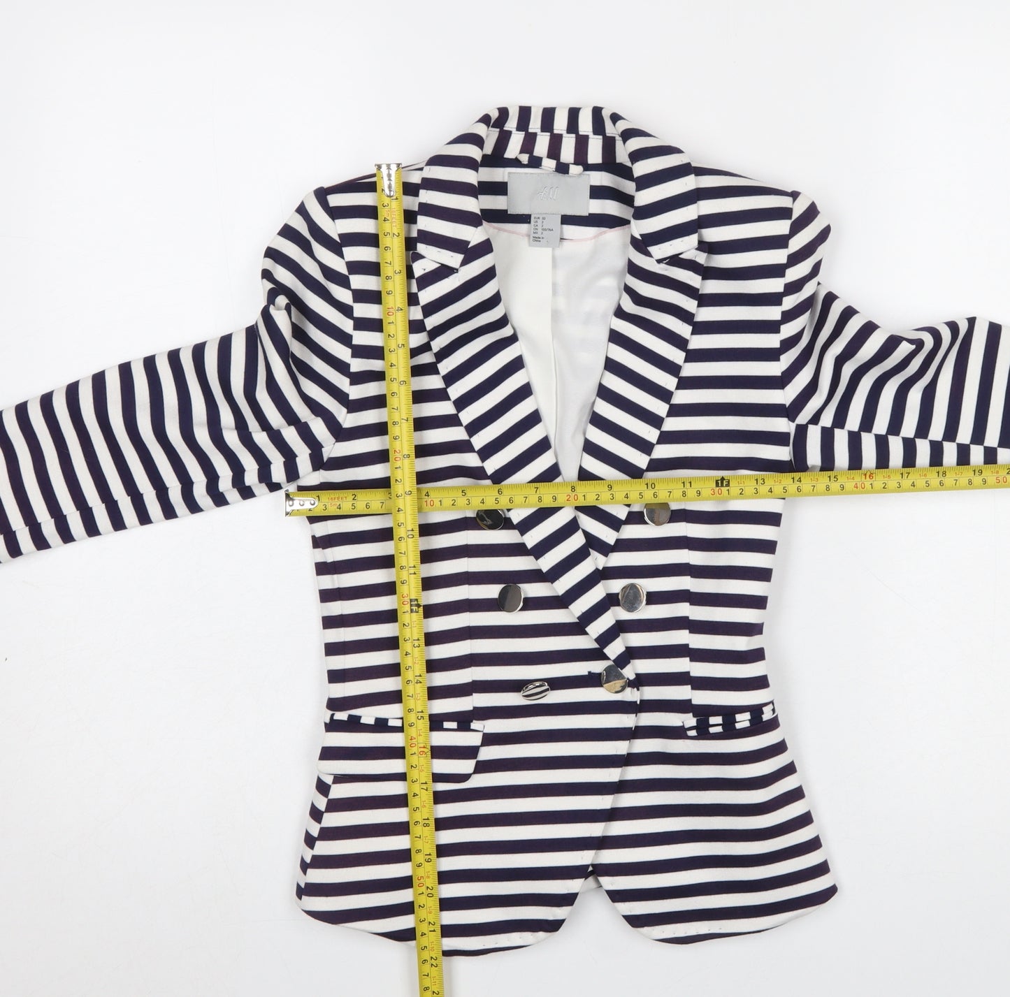 H&M Women Blue White Striped Double-Breasted Blazer Size 4