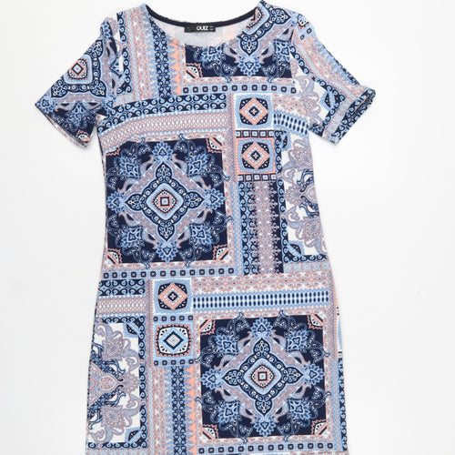 Quiz Women Blue Geometric Print Short Sleeve Shift Dress Size 8
