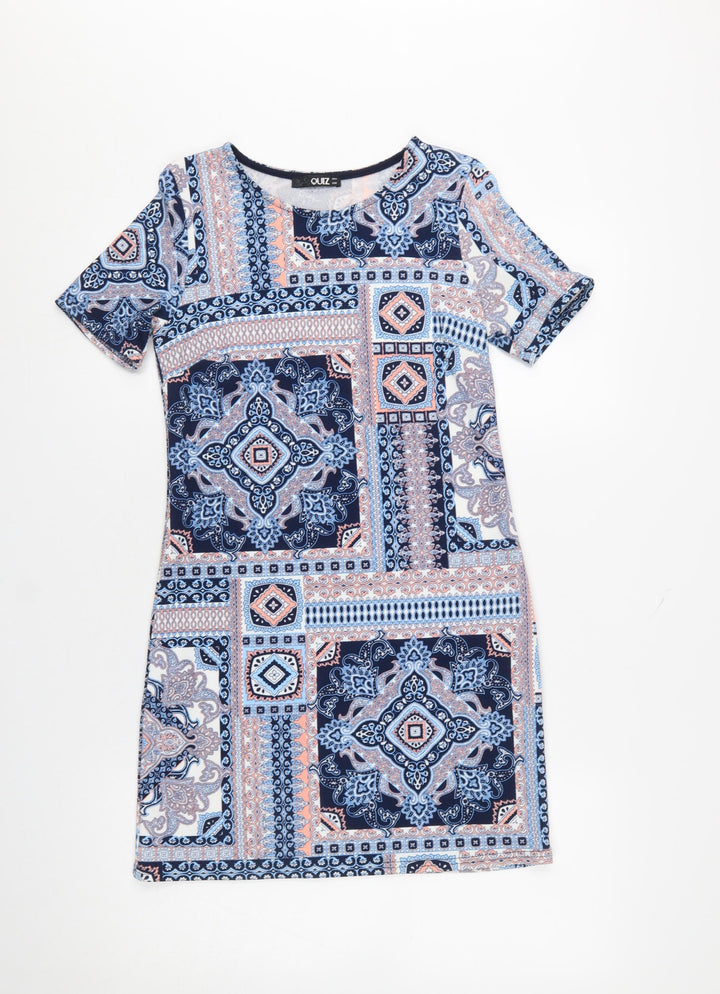 Quiz Women Blue Geometric Print Short Sleeve Shift Dress Size 8