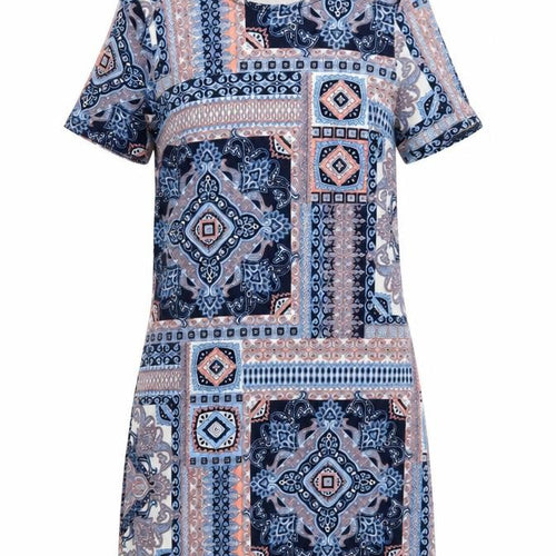 Quiz Women Blue Geometric Print Short Sleeve Shift Dress Size 8