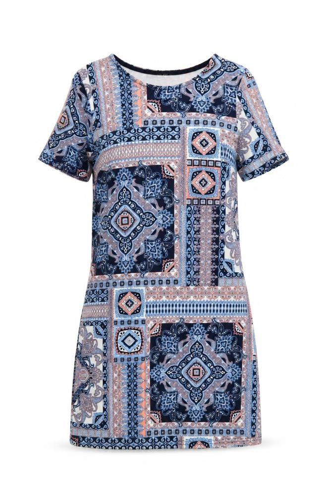 Quiz Women Blue Geometric Print Short Sleeve Shift Dress Size 8