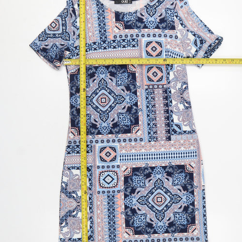 Quiz Women Blue Geometric Print Short Sleeve Shift Dress Size 8