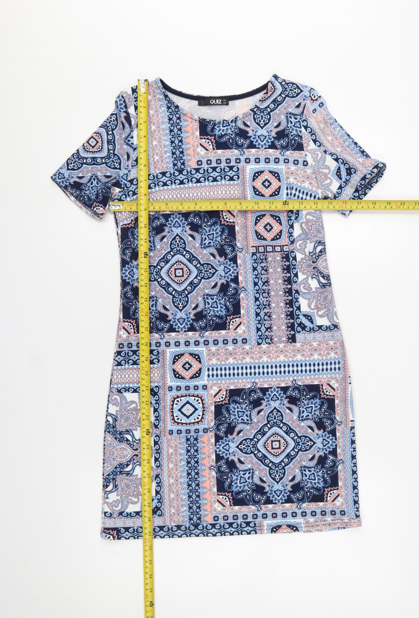 Quiz Women Blue Geometric Print Short Sleeve Shift Dress Size 8