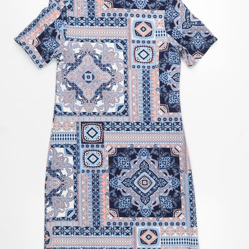 Quiz Women Blue Geometric Print Short Sleeve Shift Dress Size 8