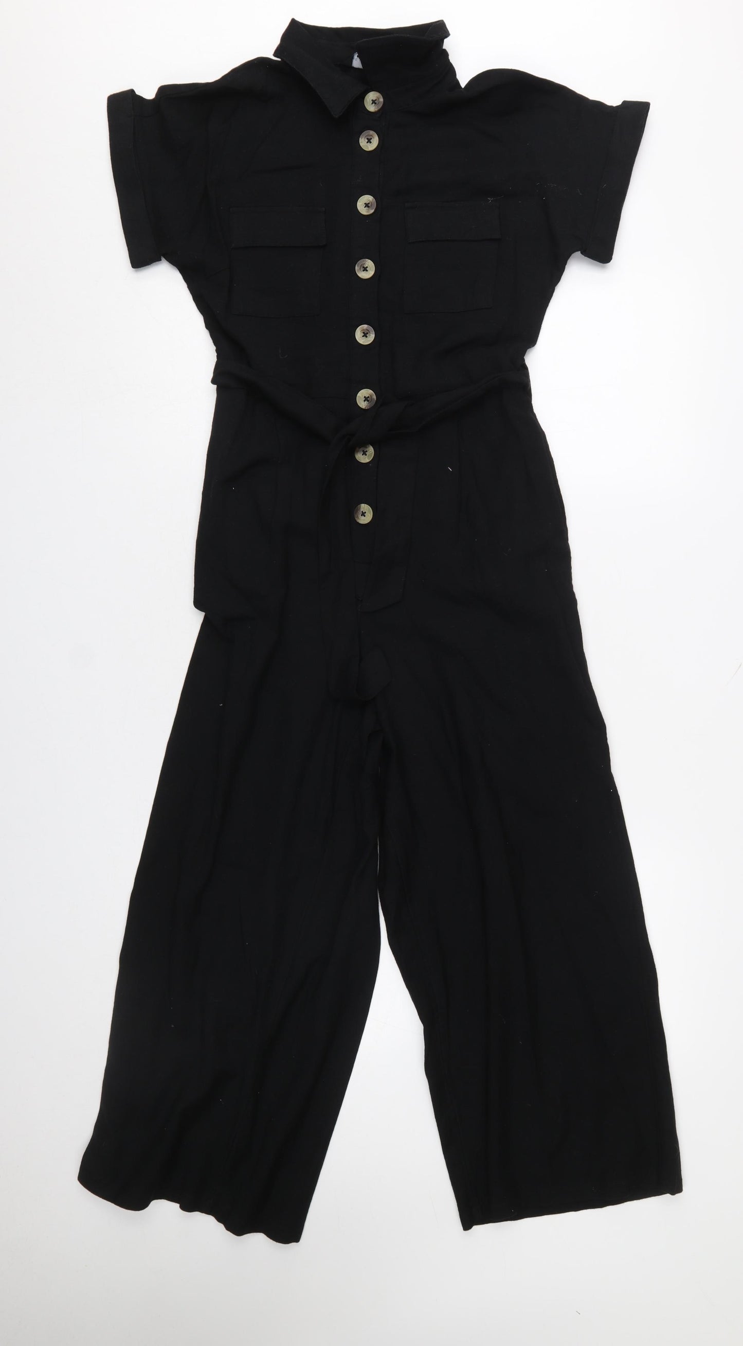 New Look Women's Black Short Sleeve Cotton Button Front Jumpsuit UK 6