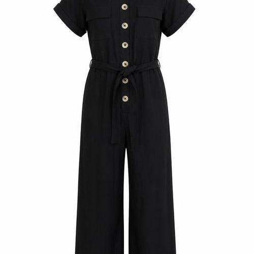 New Look Women's Black Short Sleeve Cotton Button Front Jumpsuit UK 6