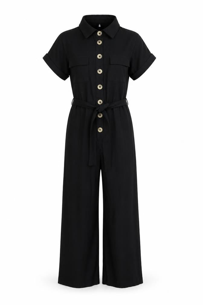 New Look Women's Black Short Sleeve Cotton Button Front Jumpsuit UK 6