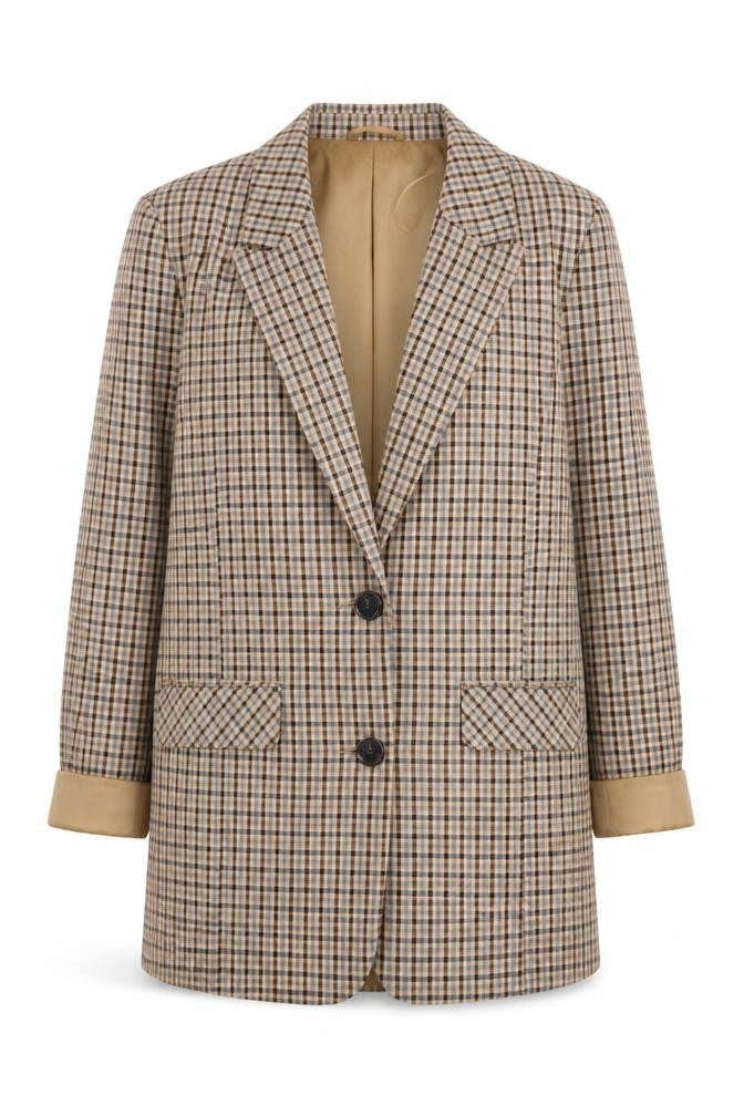 Front view of Primark Women Beige Check Single-Breasted Blazer, size 8