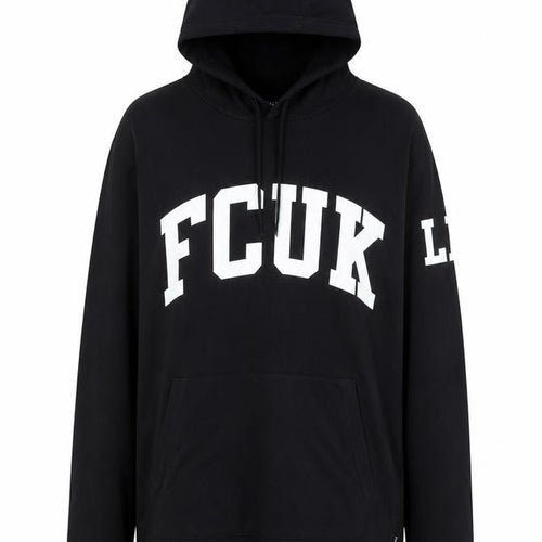 FCUK Women's Black Cotton Pullover Hoodie L Graphic Print Casual