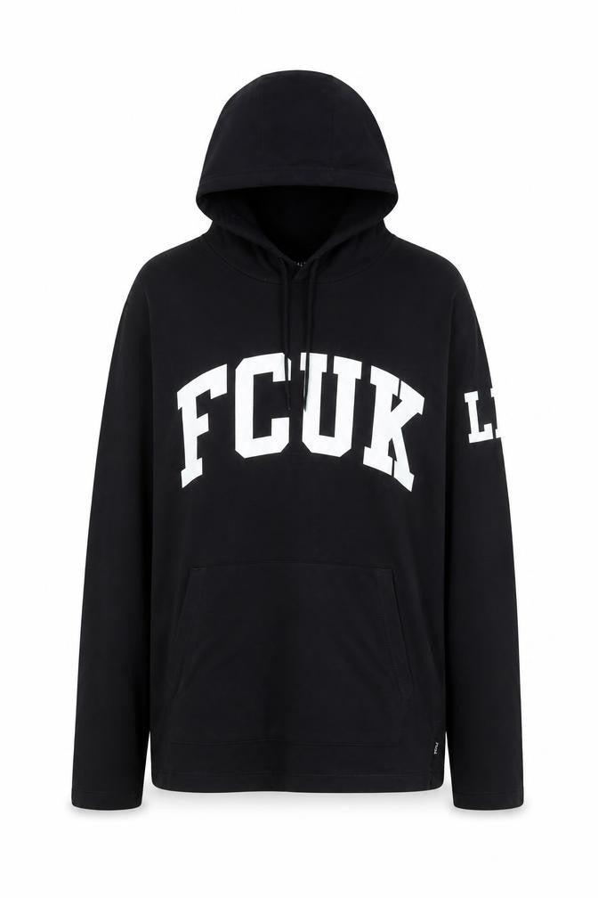 FCUK Women's Black Cotton Pullover Hoodie L Graphic Print Casual