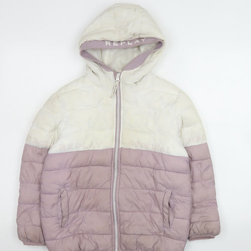 Replay Girls Ivory & Mauve Hooded Puffer Jacket Size 14 Years Lined Winter Coat