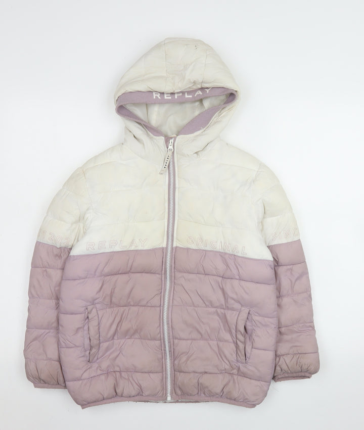 Replay Girls Ivory & Mauve Hooded Puffer Jacket Size 14 Years Lined Winter Coat