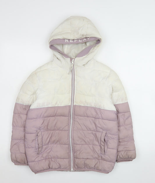 Replay Girls Ivory & Mauve Hooded Puffer Jacket Size 14 Years Lined Winter Coat
