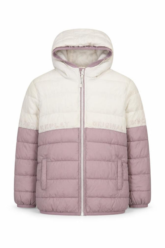Replay Girls Ivory & Mauve Hooded Puffer Jacket Size 14 Years Lined Winter Coat