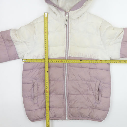 Replay Girls Ivory & Mauve Hooded Puffer Jacket Size 14 Years Lined Winter Coat