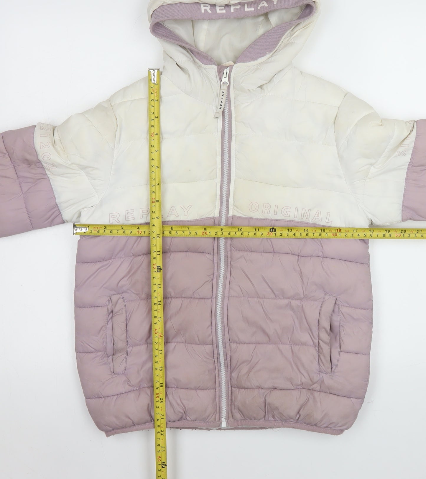 Replay Girls Ivory & Mauve Hooded Puffer Jacket Size 14 Years Lined Winter Coat