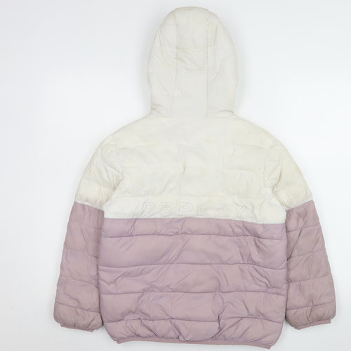 Replay Girls Ivory & Mauve Hooded Puffer Jacket Size 14 Years Lined Winter Coat