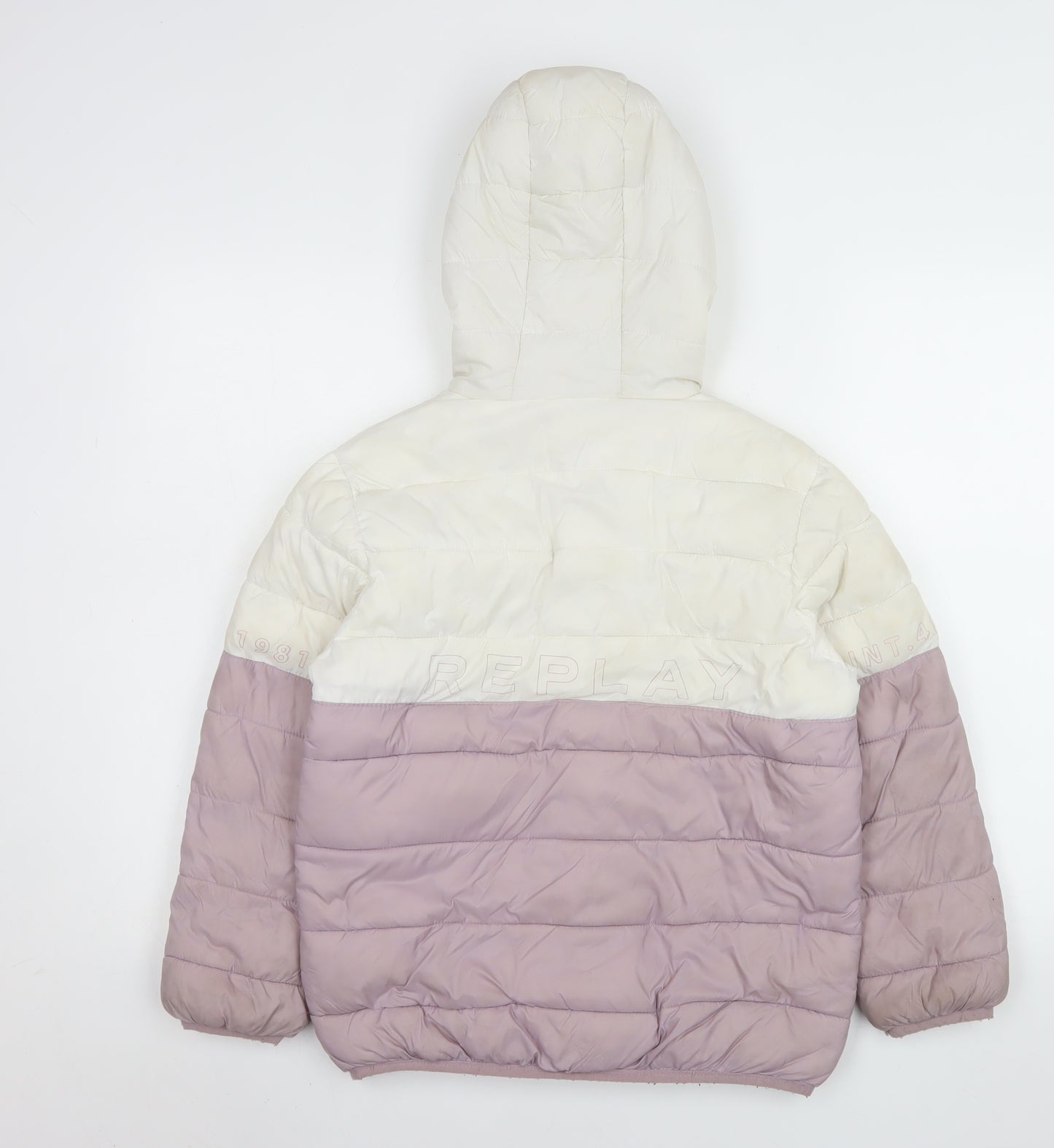 Replay Girls Ivory & Mauve Hooded Puffer Jacket Size 14 Years Lined Winter Coat