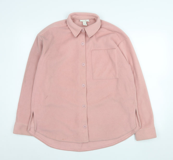 Monki Women Pink Fleece Button Jacket XS Relaxed Fit Casual