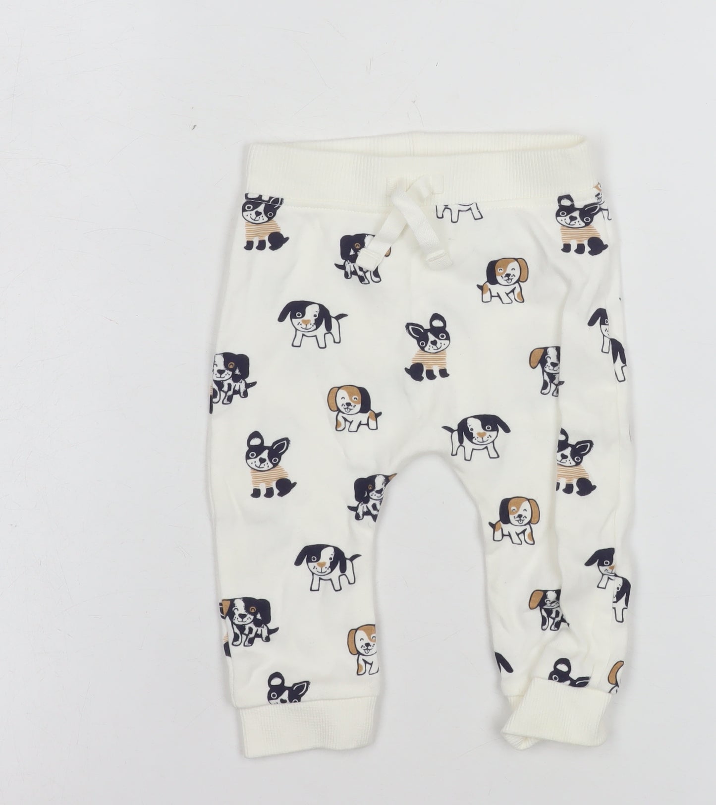 George Unisex Baby White Cotton Dog Print Jogger Trousers 3-6 Months