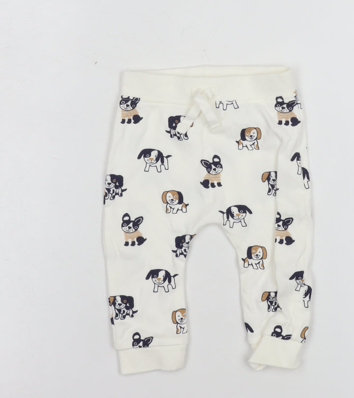 George Unisex Baby White Cotton Dog Print Jogger Trousers 3-6 Months