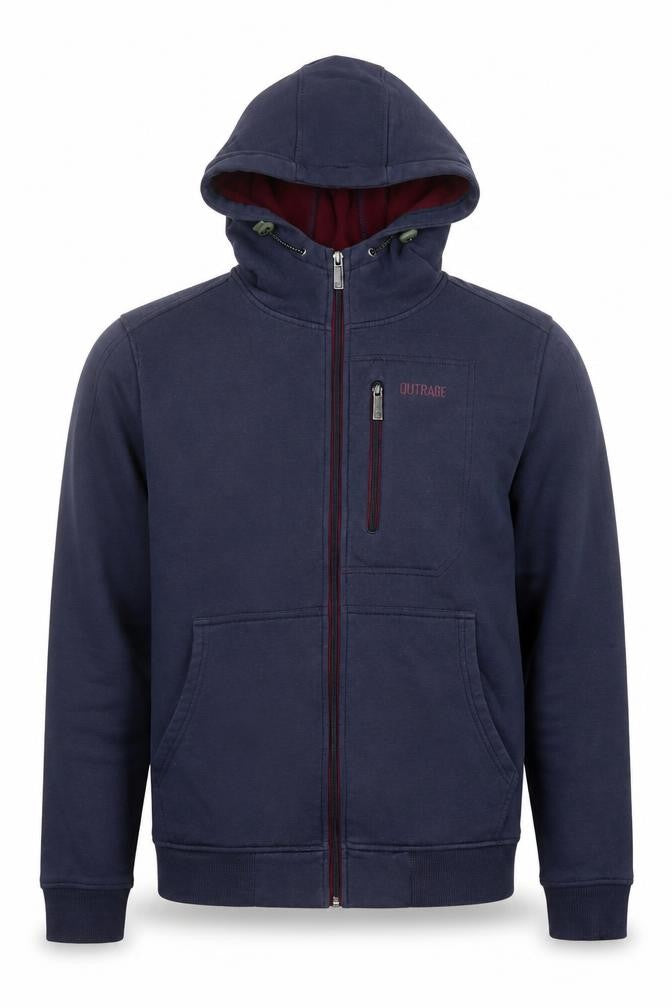 Front view of Outrage Men's Blue Medium Hooded Full Zip Cotton Blend Jacket