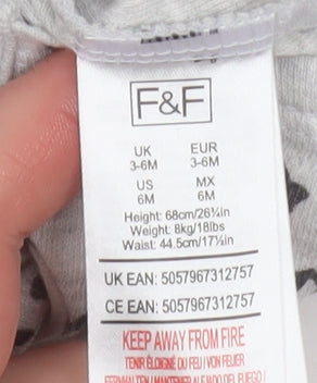 F&F Unisex Baby Grey Animal Print Romper 3-6 Months Cotton Blend Summer