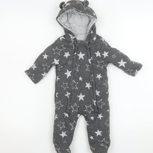 George Unisex Baby Grey Star Print Cotton Hooded Coverall 3-6 Months