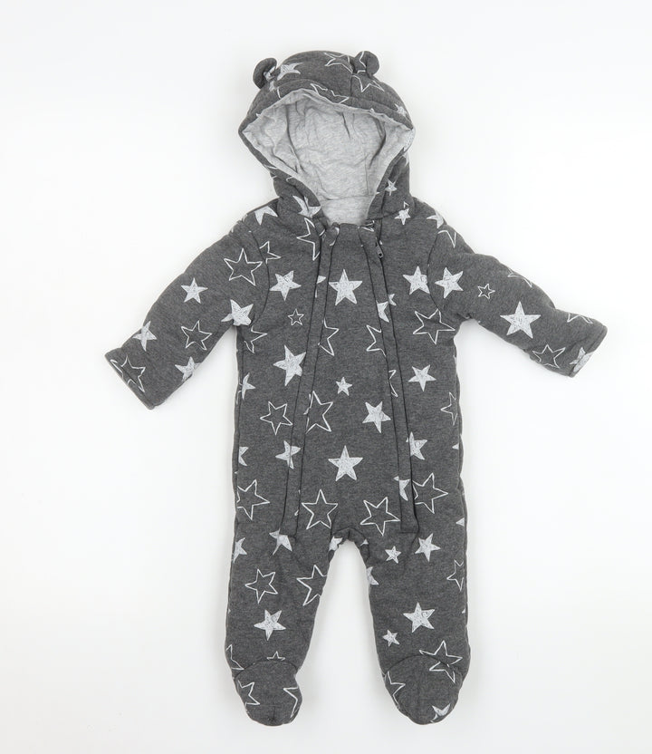 George Unisex Baby Grey Star Print Cotton Hooded Coverall 3-6 Months
