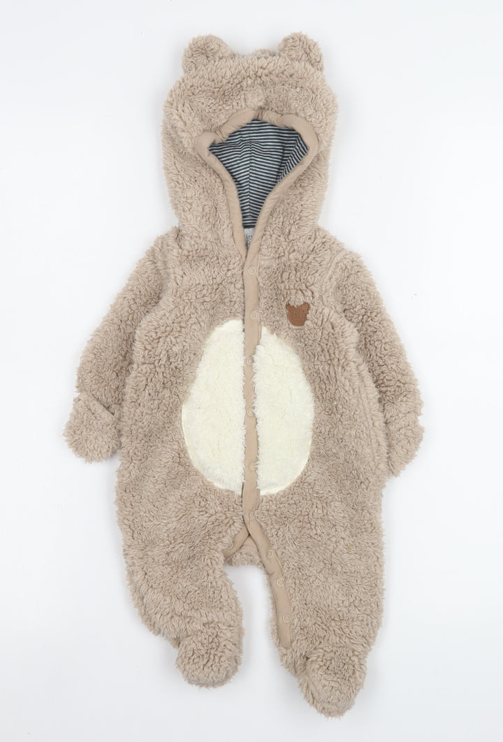 John Rocha Unisex Baby Beige Fleece Bear Hooded Coverall 0-3 Months
