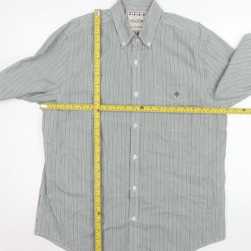 Debenhams Men’s Green Striped Button-Down Cotton Blend Shirt M 16” Collar