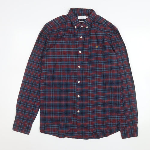 Farah Men's Red Blue Check Long Sleeve Slim Fit Button-Up Shirt Size M