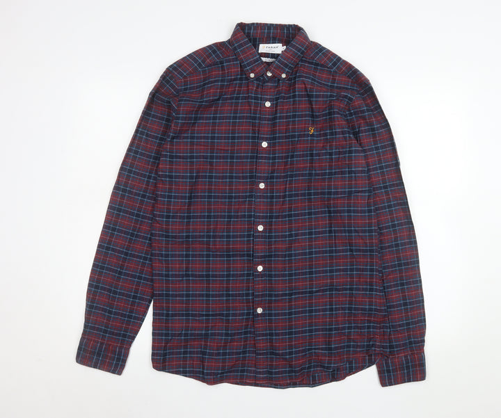 Farah Men's Red Blue Check Long Sleeve Slim Fit Button-Up Shirt Size M