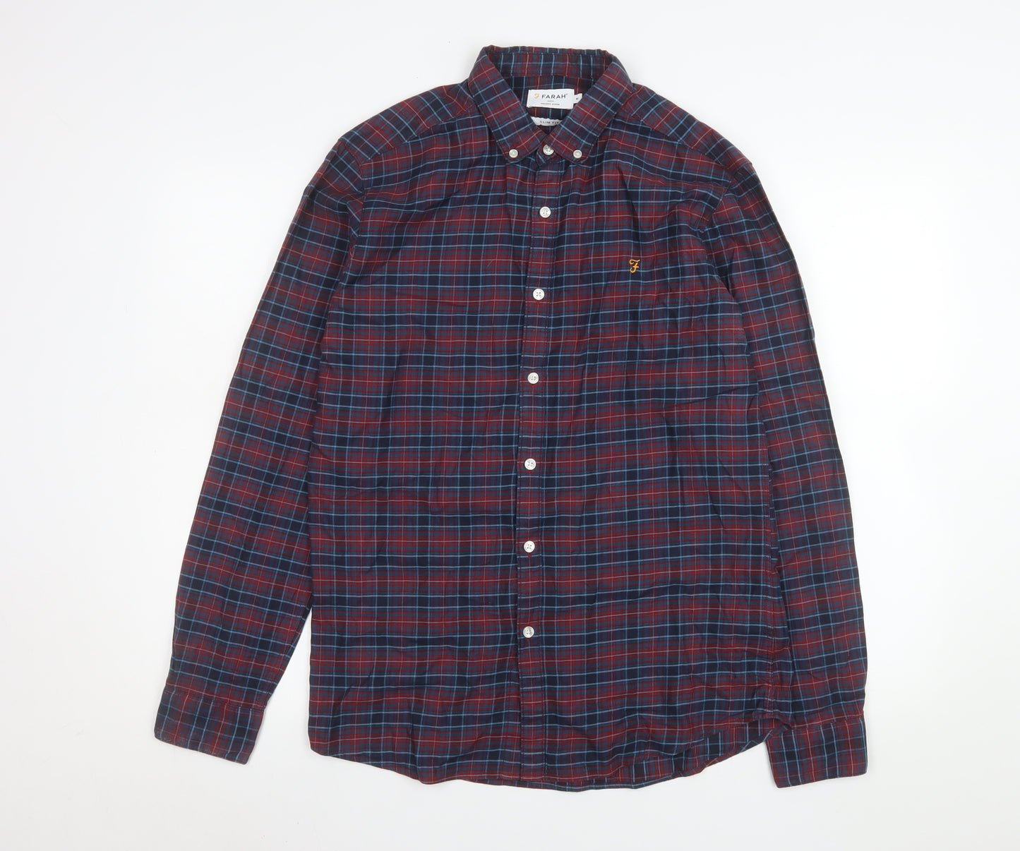 Farah Men's Red Blue Check Long Sleeve Slim Fit Button-Up Shirt Size M