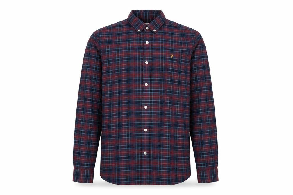 Farah Men's Red Blue Check Long Sleeve Slim Fit Button-Up Shirt Size M