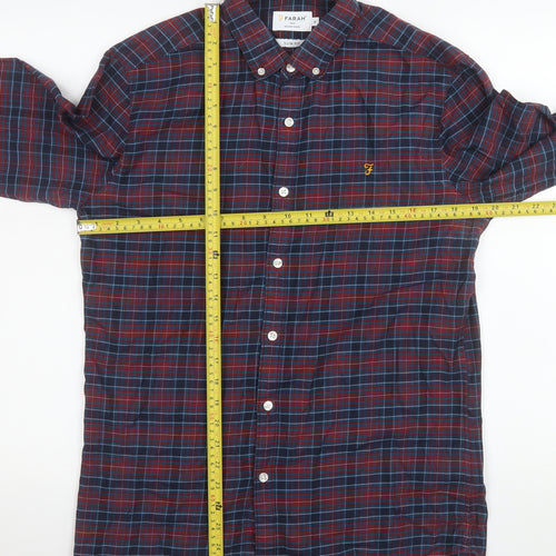 Farah Men's Red Blue Check Long Sleeve Slim Fit Button-Up Shirt Size M