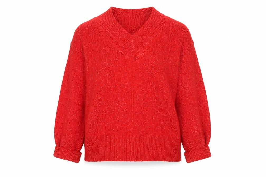 Front view of Dunnes women’s red v-neck pullover knit jumper xs