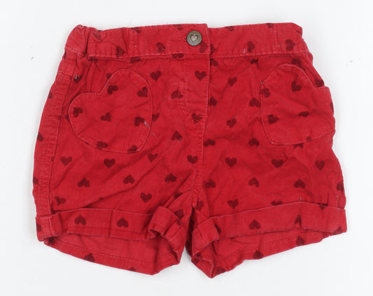 Tu Girls Red Corduroy Heart Print Shorts 2-3 Years Elastic Waist
