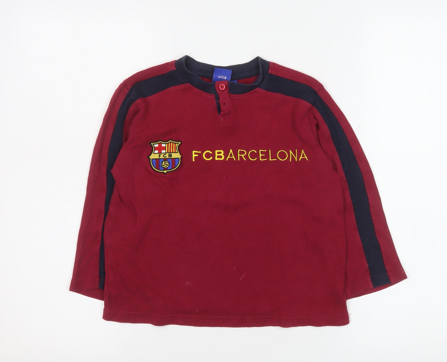 FC Barcelona Boys Red Long Sleeve Henley T-Shirt Size 6 Years