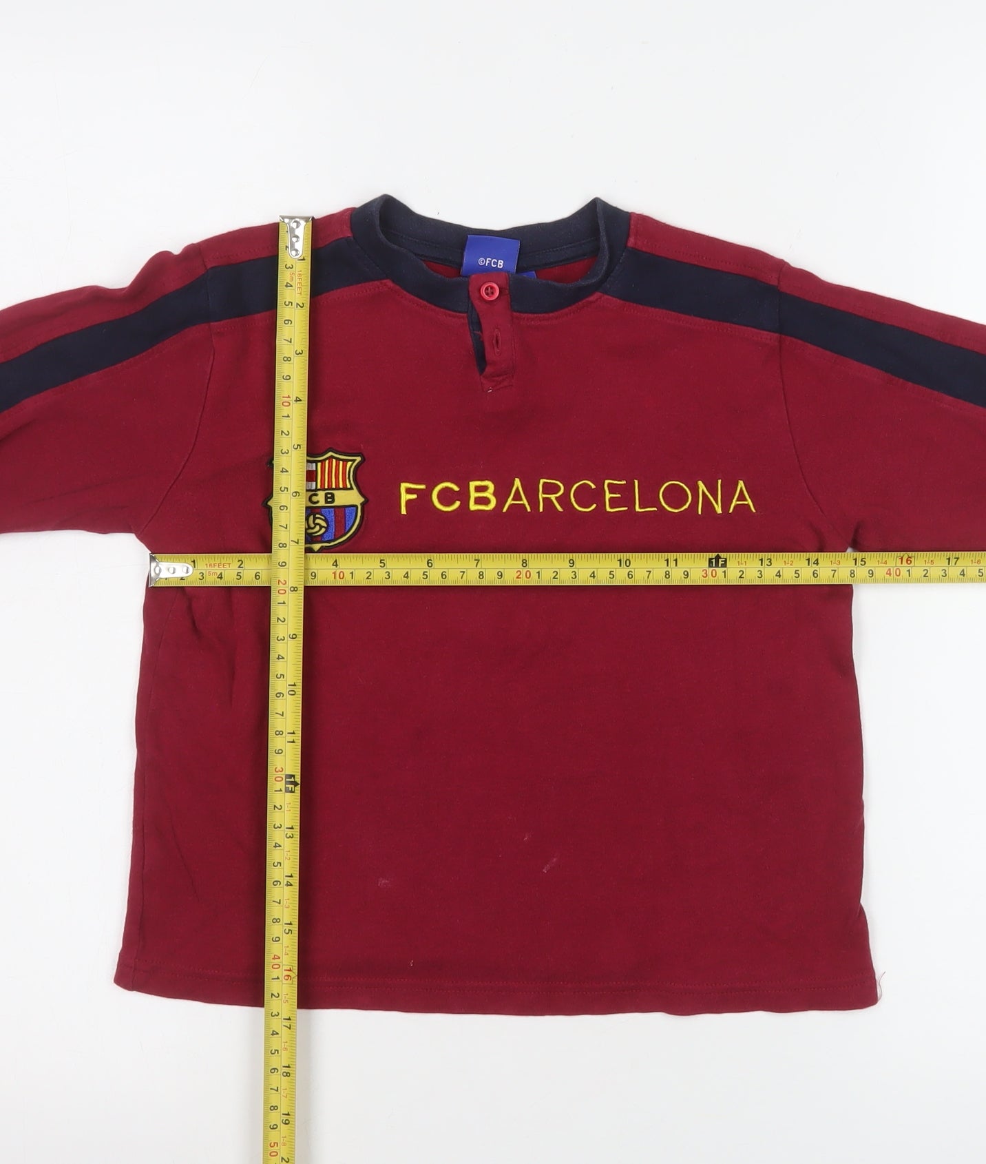 FC Barcelona Boys Red Long Sleeve Henley T-Shirt Size 6 Years