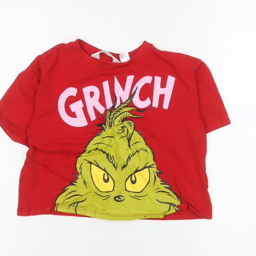 H&M Girls Red Grinch Graphic T-Shirt 8-10 Years Cotton Crew Neck